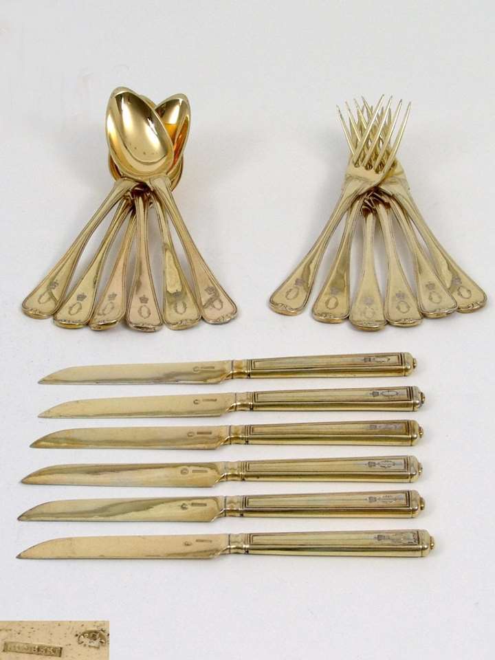 Eighteenth-Part Silver-Gilt Dessert Cutlery Set with the Monogram of Olga, Queen Consort of Württemberg